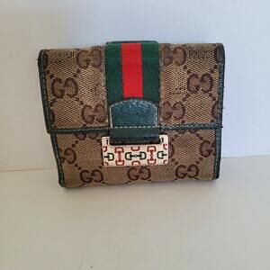 Vintage Gucci GG Monogram Web Stripe Green Leather Bifold Wallet Italy